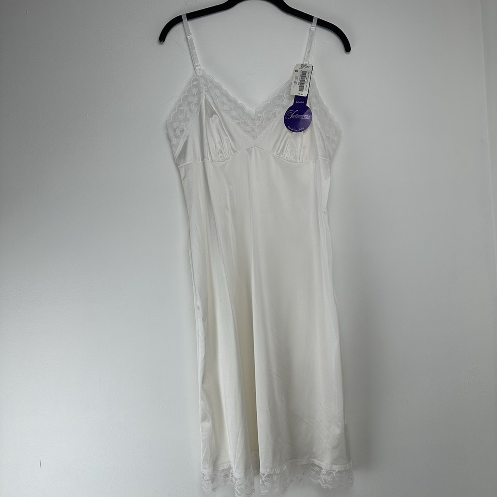Vintage Sears Slip Dress‎ Size 38 White Satin Lace Dead Stock